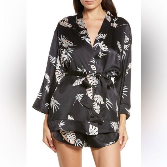 NWT Lunya Washable Silk Short Robe Black In Immersed Black Palm XS/Small - Picture 1 of 14